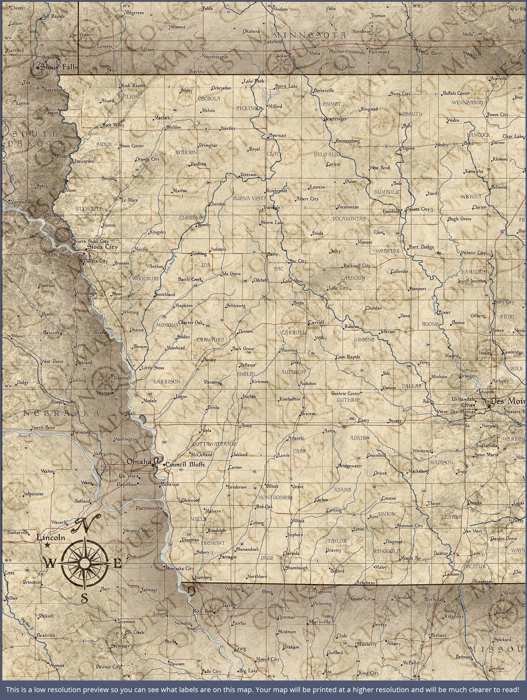 Iowa Map Poster - Rustic Vintage CM Poster