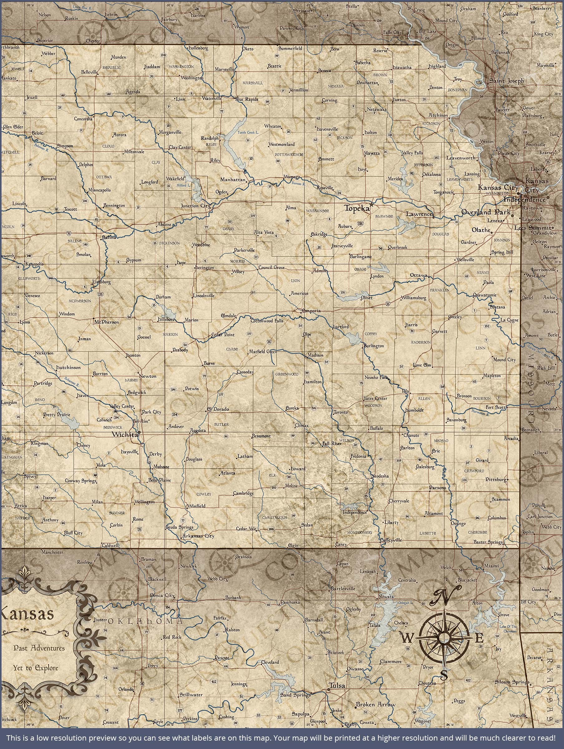 Kansas Map Poster - Rustic Vintage CM Poster