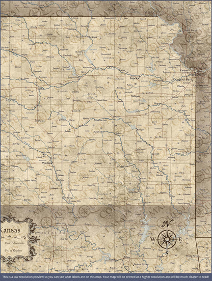 Kansas Map Poster - Rustic Vintage CM Poster