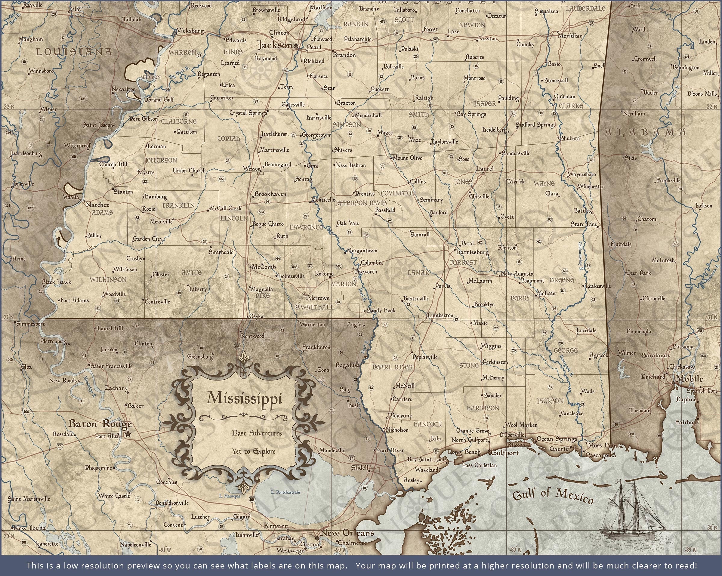 Mississippi Map Poster - Rustic Vintage CM Poster