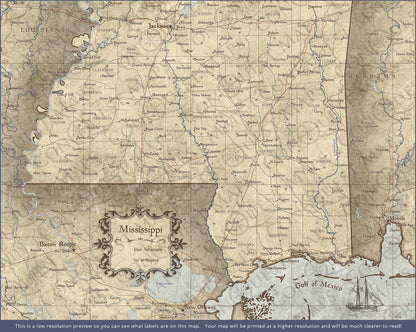 Mississippi Map Poster - Rustic Vintage CM Poster