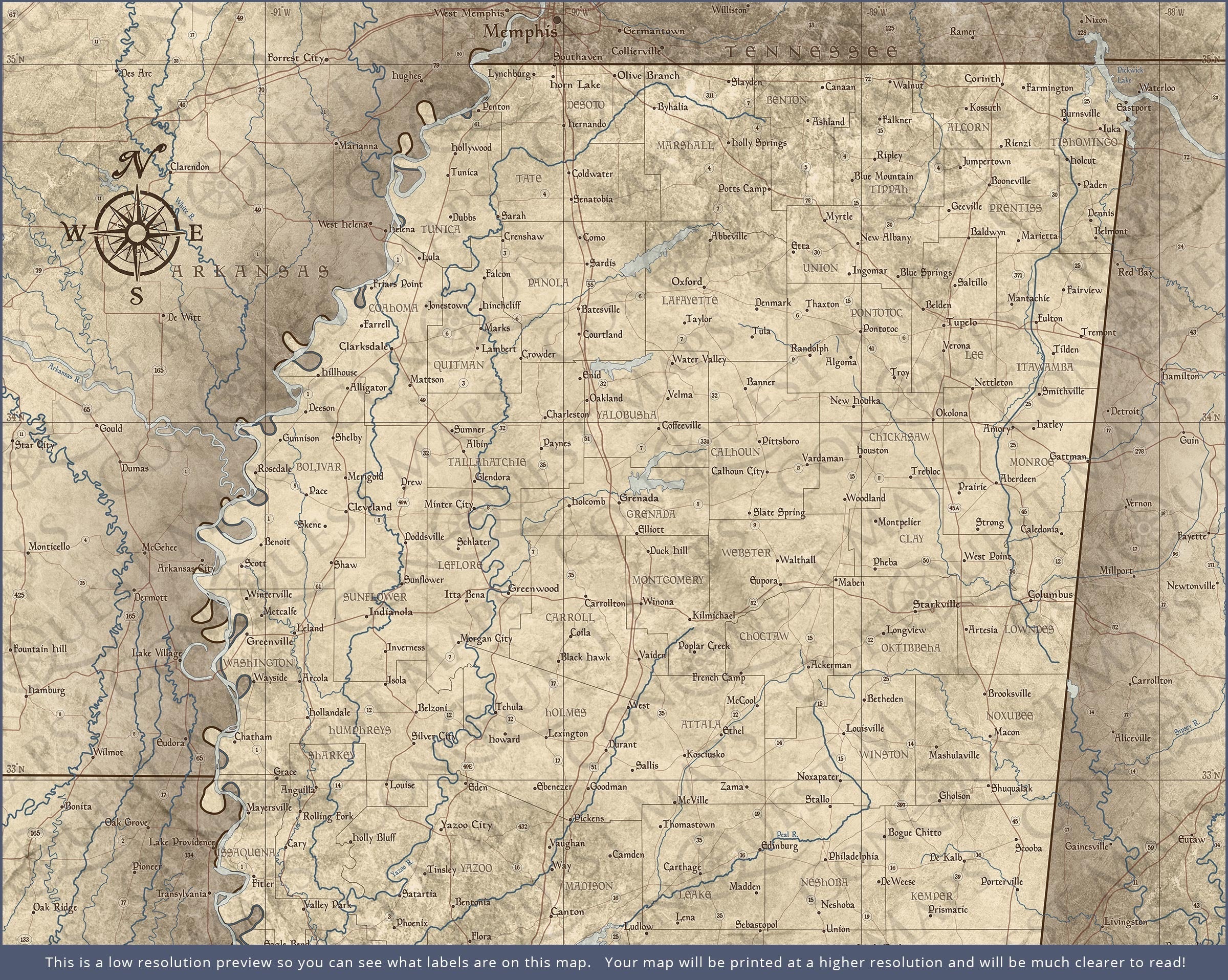 Mississippi Map Poster - Rustic Vintage CM Poster