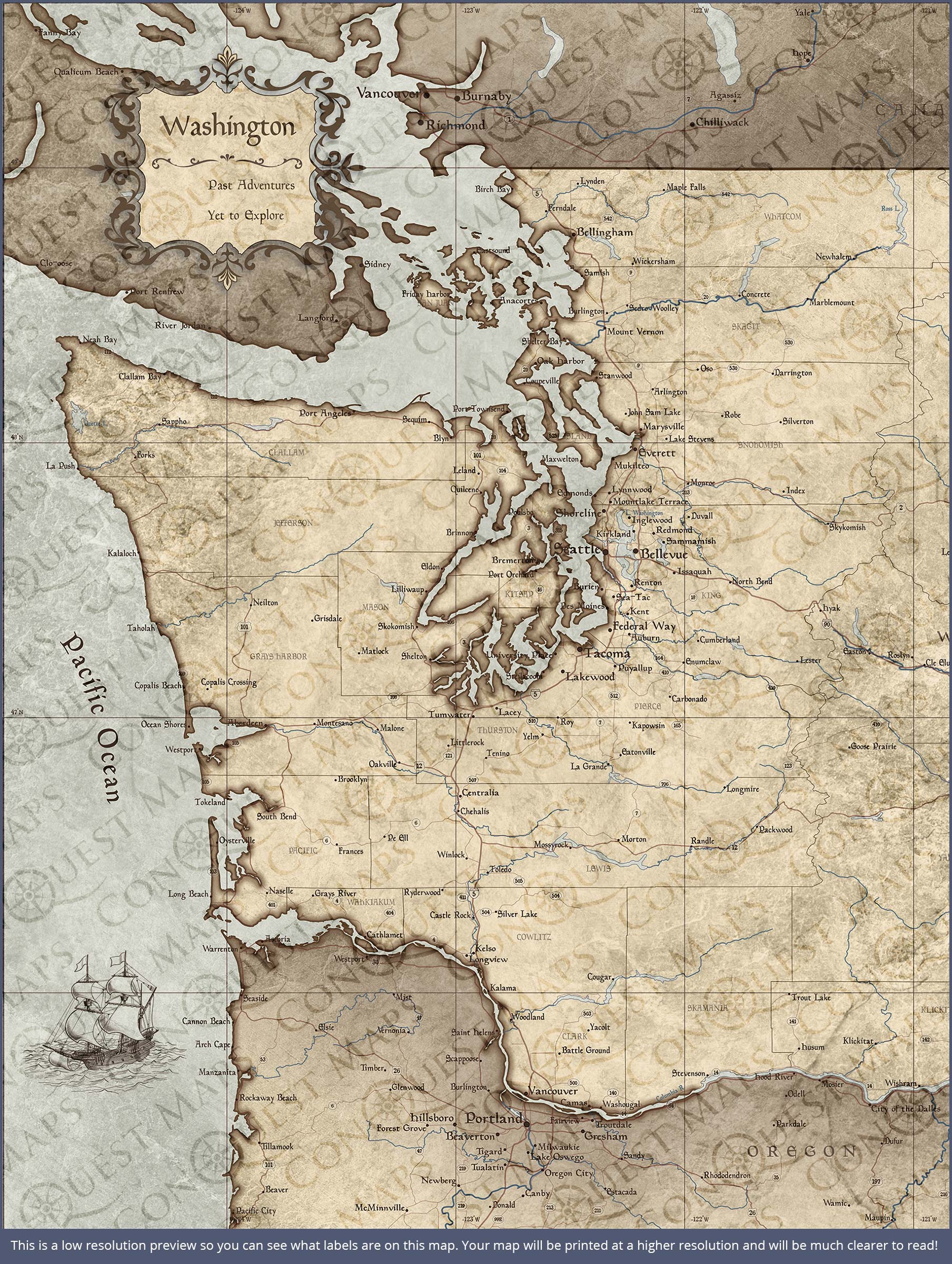 Washington Map Poster - Rustic Vintage CM Poster