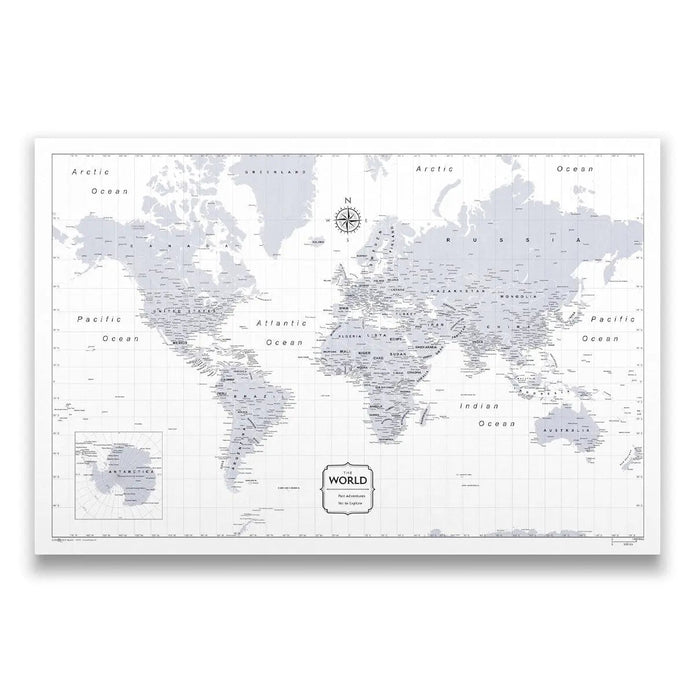 World Travel Map Pin Board with Push Pins: Light Gray Color Splash